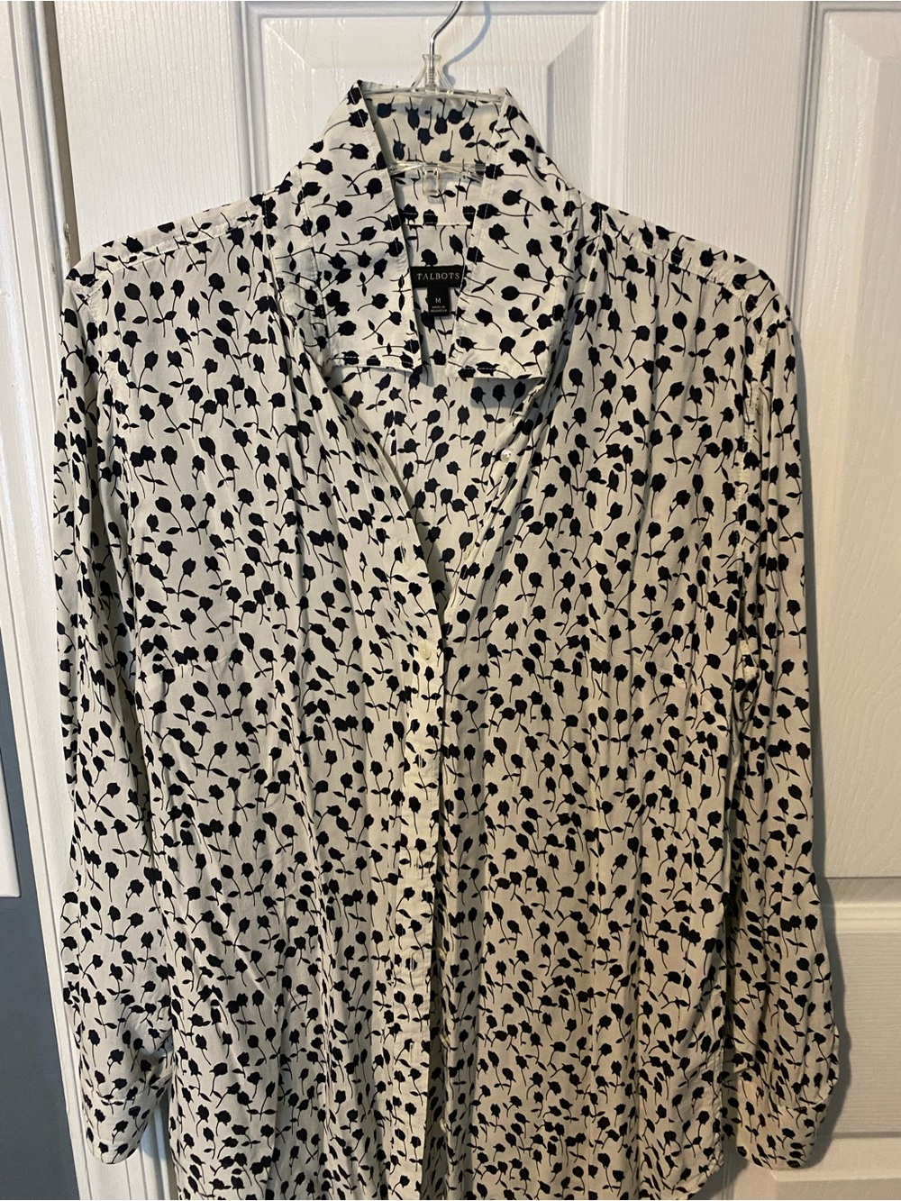 Talbots Black and White Floral-Print Button Front Blouse